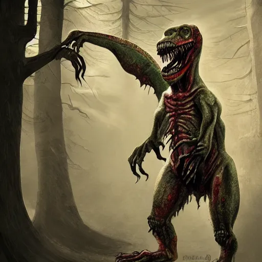 Prompt: an illustration of the full body of a zombie anthromorphic t-rex, matte painting, digital art, fantasy art-C 18.0