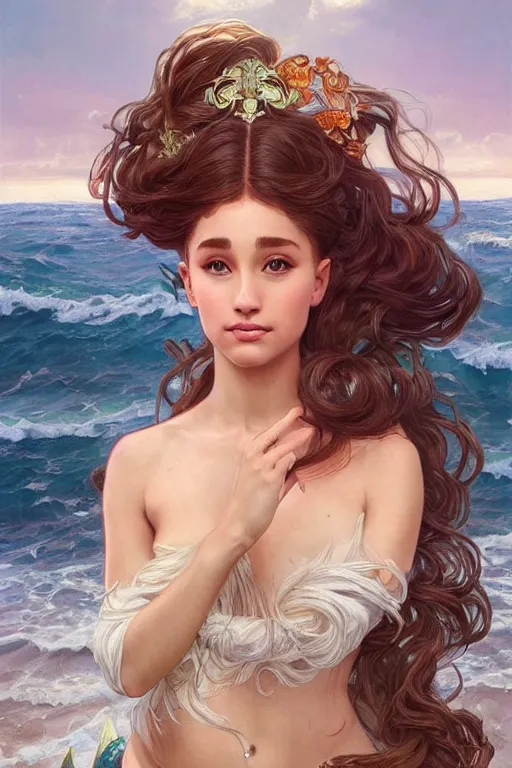 Image similar to beautiful cottagecore Ariana Grande, mermaid kingdom, beautiful Hair, magical beach, intricate, elegant, highly detailed, digital painting, artstation, concept art, smooth, sharp, focus, illustration, art by artgerm and greg rutkowski and alphonse mucha