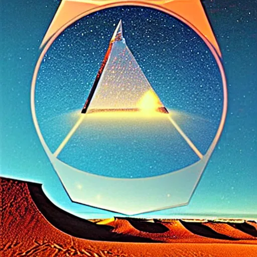 Image similar to poster big angular crystal in the desert, reflection from the crystal is sparkling due to sun, small starship near, futuristic, hi-tech details, style jean giraud