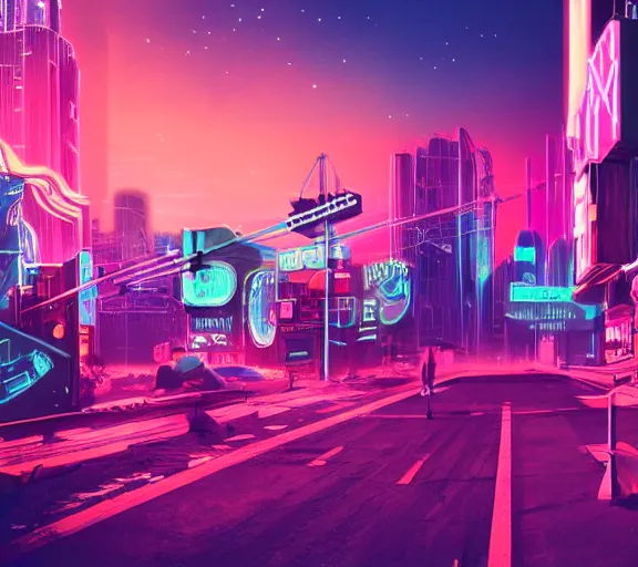 Prompt: a dreamlike cyberpunk city sit in the very far future, neon signs, shops and bars, floating buildings, glowing neons, synthwave, slightly abstract, rich deep colors, 4 k, realistic photography, flying cars in the distance, robot humanoids, anthropomorphic vehicles, fantasy setting, brilliant dreamy lighting, 8 0 s vibe, morning, blue sun