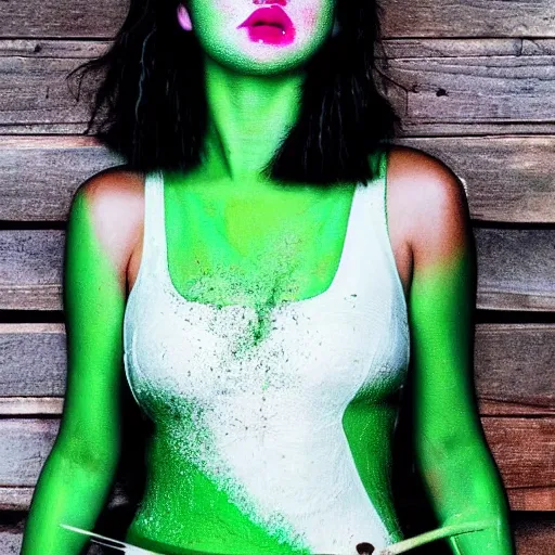 Image similar to selena gomez made out of celery, a human face with celery for hair, celery in the shape of a human face, a bunch of celery sitting on a cutting board, professional food photography, selena gomez wearing green face paint