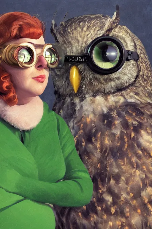 Prompt: the full body of a giant fat owl and a 1 9 7 6 woman, close up portrait, ww 2 pilot goggles, fine facial features, feathers, symmetrical, blue skin, green hair, in a forrest, inspired by edward hopper and grand budapest hotel, high resolution, octane render, high detailed masterpiece painting