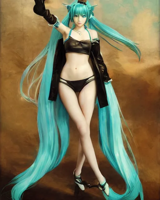 Image similar to beautiful Hatsune Miku by Ruan Jia and Gil Elvgren, fullbody