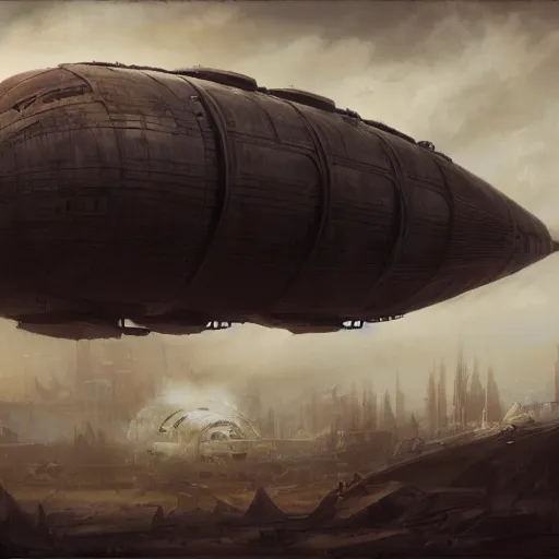 Prompt: a brutalist painting of a large steampunk airship on the ground destroyed, by charlie bowater, 4 k