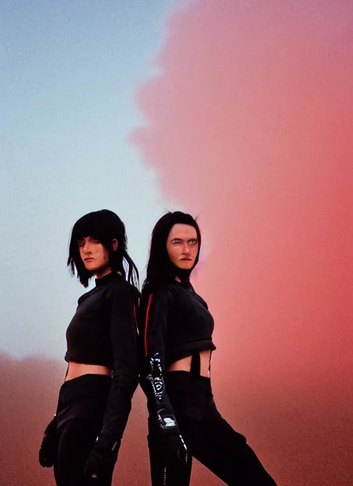 Prompt: cinestill 5 0 d photographic portrait of two loving female androids wearing rugged black techwear on a desolate plain with a red sky in front of a brutalist dark metal facility, extreme closeup, cyberpunk style, dust storm, 8 k, hd, high resolution, 3 5 mm, f / 3 2, ultra realistic faces, ex machina