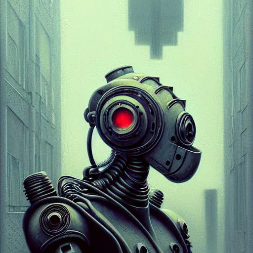 Prompt: low angle shot of a cyberpunk gazmask robot character wearing a gazmask in chernobyl, intricate, elegant, highly detailed, centered, digital painting, artstation, concept art, smooth, sharp focus, illustration, artgerm, Tomasz Alen Kopera, Peter Mohrbacher, donato giancola, Joseph Christian Leyendecker, WLOP, Boris Vallejo