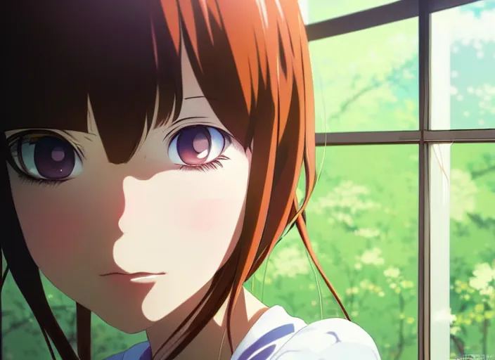 Image similar to anime film still portrait of a young woman looking at her kitchen window, cute face by ilya kuvshinov, yoshinari yoh, makoto shinkai, katsura masakazu, dynamic perspective pose, detailed facial features, kyoani, rounded eyes, crisp and sharp, cel shad, anime poster, ambient light