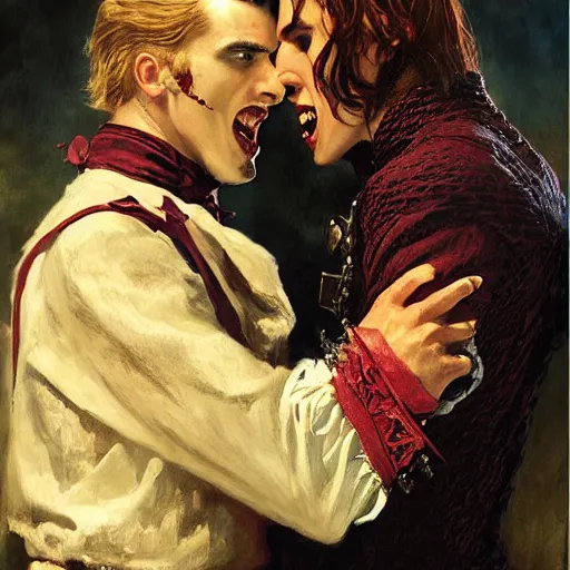 Image similar to attractive male, arthur pendragon confesses his love to attractive male dracula the vampire. highly detailed painting by gaston bussiere, craig mullins, j. c. leyendecker 8 k