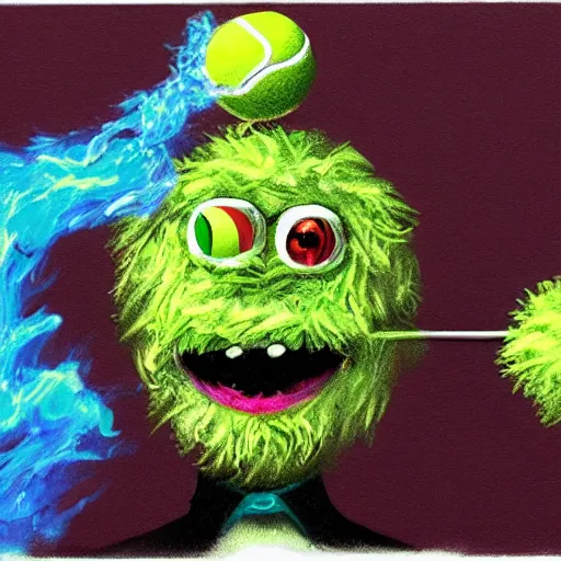 Image similar to Paris Hilton tennis ball monster ,tennis ball, digital art, smoke, fantasy,chalk, magic, trending on artstation, ultra detailed, professional illustration by Basil Gogos