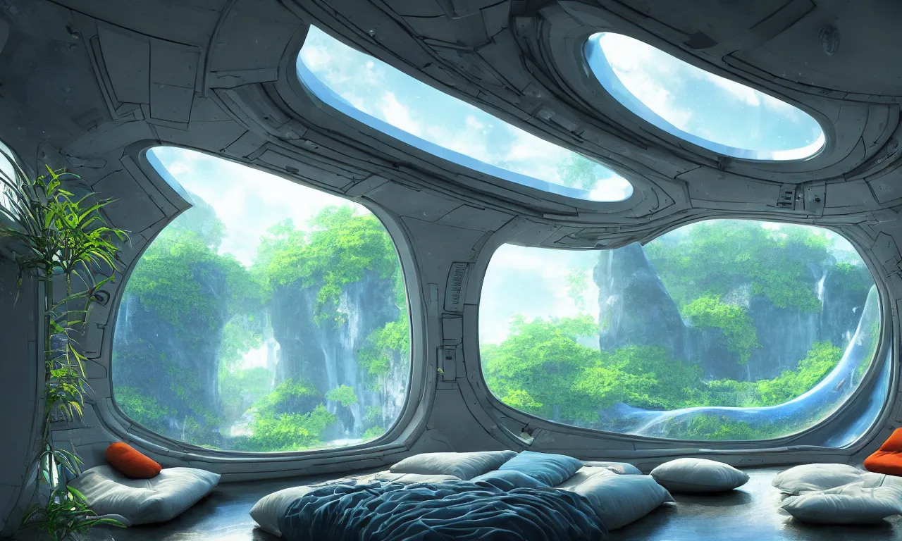 Prompt: cozy space inside of a spaceship for humans, massive windows to space, colorful detail, artistic walls, some straight edges, natural, plants, water features, waterfalls, 4 k, transcendent, trending on artstation, photorealistic, award winning, hyper detailed, rule of thirds, dramatic, volumetric lighting, octane render