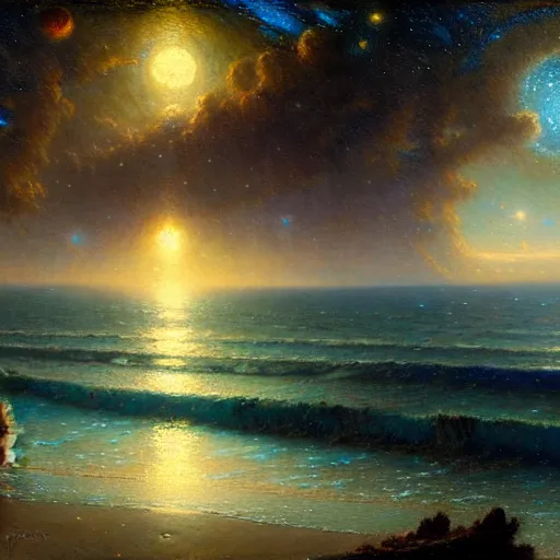 Image similar to night, the ocean, the milk way galaxy. highly detailed painting by gaston bussiere, greg rutkowski 8 k