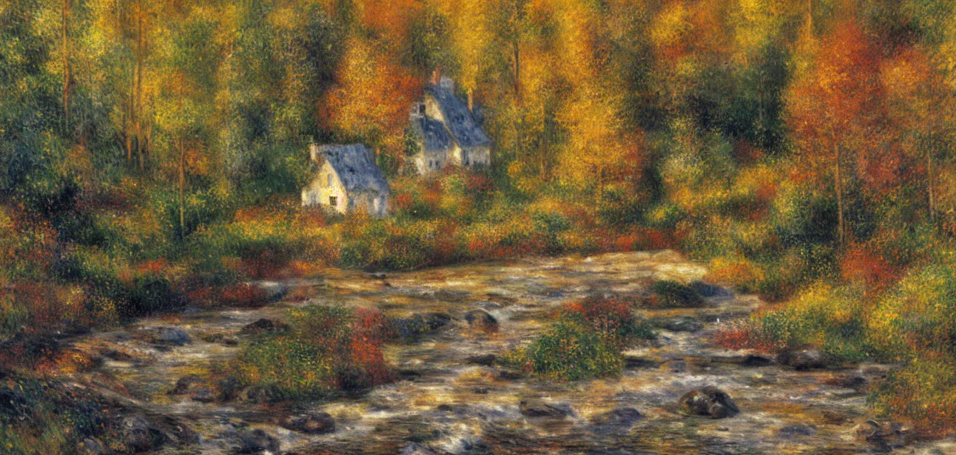 Image similar to a painting of sparse stone cottages underneath a dense forest, with a cascading river and pristine reflect. gorgeous, elegant, sophisticated, an ultrafine painting, intricate brused strokes, bright depth oil colors, by renoir and araken alcantara, mist diffuse promiseful illumination, autumn sunrise warm light, detailed and intricate environment of hopeful bodyscapes