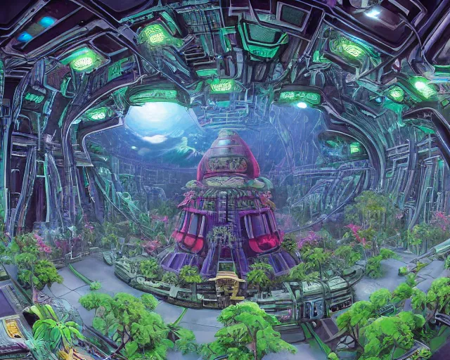 Prompt: the cyber temple in the robo-jungles, wide-angle shot, angled view, fisheye lens, , animation background painting from Thundercats (1985) and Masters of the Universe (1983), up-angle view, macabre, burtonesque, two point perspective, clean scan, artstation trending, studio ghibli, animatrix, 8k