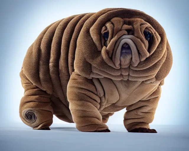 Image similar to purebred tardigrade with owner, beautiful coat, excellent symmetrical face, exquisite detail, best in show, award - winning pet photography, dynamic lighting