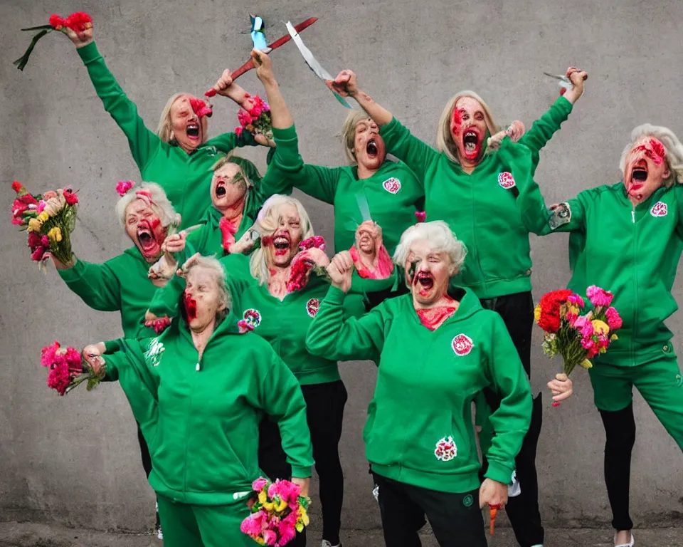 Prompt: a gang of old ladies waving large knives covered in blood, and carrying flowers, and wearing green Umbro track suits laughing maniacally and screaming