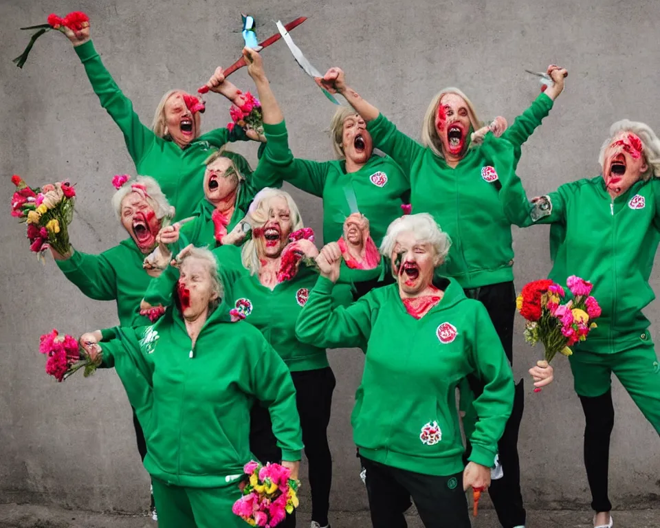 Image similar to a gang of old ladies waving large knives covered in blood, and carrying flowers, and wearing green Umbro track suits laughing maniacally and screaming