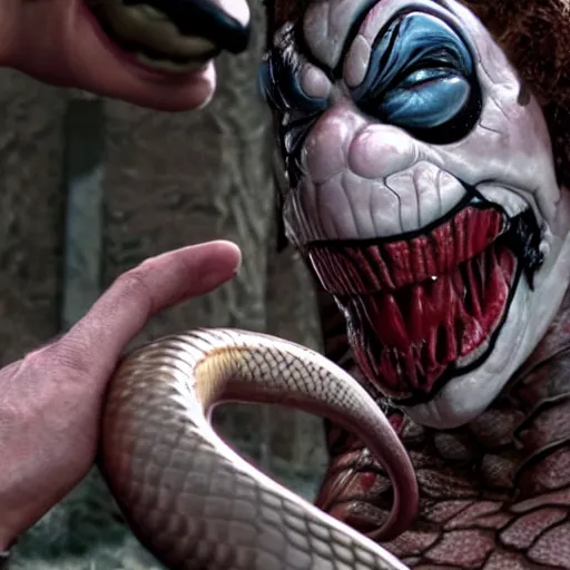 Prompt: snake shooting his venom at clown on the graveyard, ultra realistic, 1 0 8 0