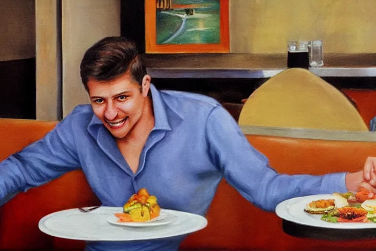 Prompt: busser in a restaurant declares his undying love to an empty plate, art by dean macadam