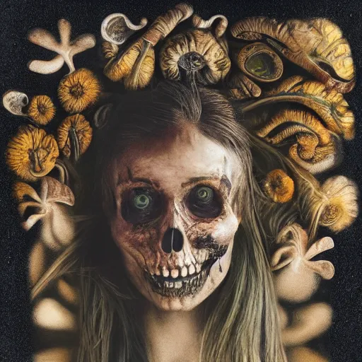 Image similar to a beautiful detailed front view portrait of a rotten woman corpse becoming a skull with fractal plants and fractal flowers and mushrooms growing around, volumetric light, beautiful lit, polaroid photography