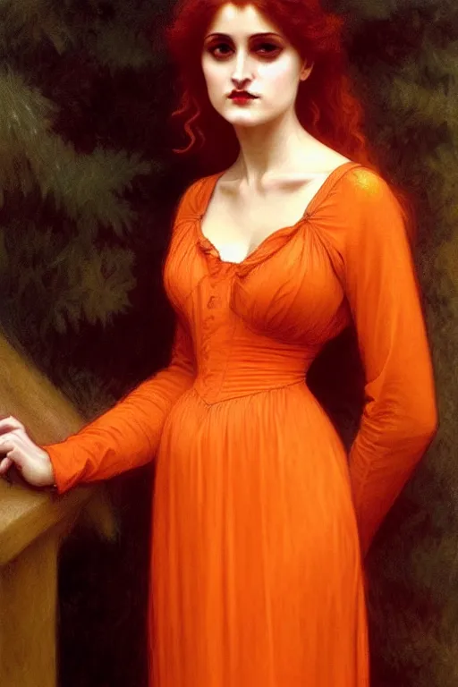 Image similar to victorian vampire in orange dress, painting by rossetti bouguereau, detailed art, artstation