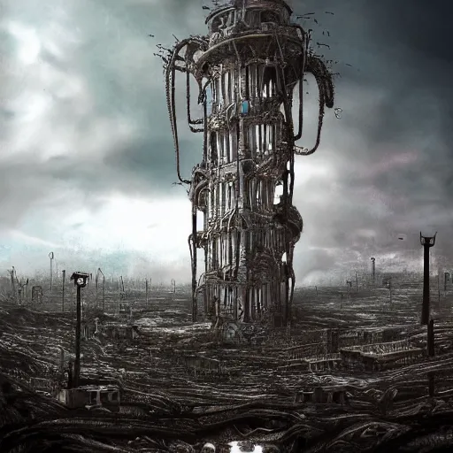 Image similar to giant evil bio-organic fleshy complex machine tower with tendrils and one eyeball at the top looking over a stormy post-apocalyptic wasteland, dystopian art