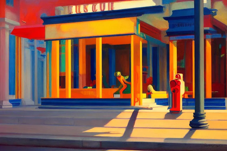 Image similar to beautiful illustration of a robot painting on a canvas by Edward Hopper, colorful octane render