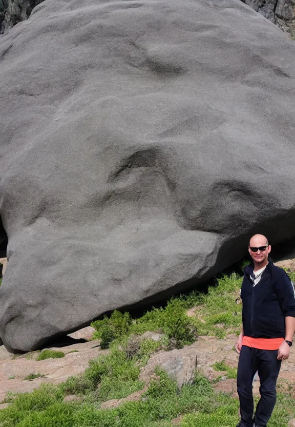 Prompt: tourist photo next to the world's biggest rock, high resolution