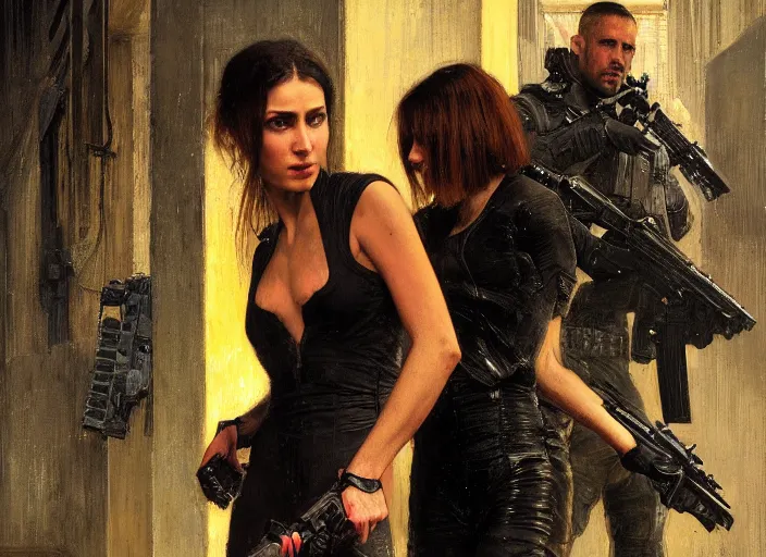 Image similar to sophia evades sgt Griggs. Cyberpunk hitwoman wearing jumpsuit escaping police troopers (blade runner 2049). Gorgeous face. Iranian orientalist portrait by john william waterhouse and Edwin Longsden Long and Theodore Ralli and Nasreddine Dinet, oil on canvas. Cinematic, hyper realism, realistic proportions, dramatic lighting, high detail 4k
