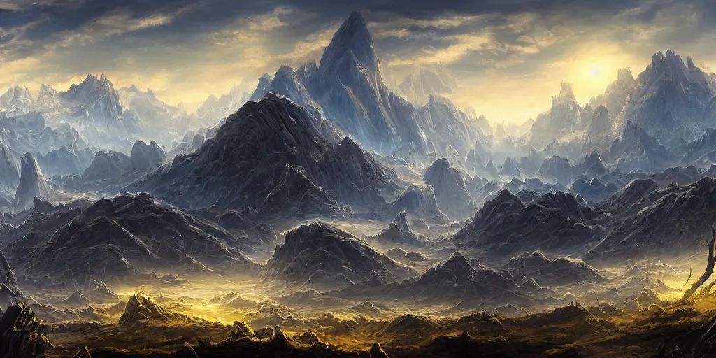 Image similar to The eldritch landscape with mountains in the background, Sci-Fi fantasy desktop wallpaper, painted, 4k, high detail, sharp focus