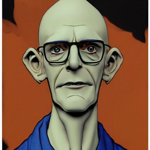 Image similar to A middle-aged Dr. Venture in real life with a hooked nose, a long gaunt face and skinny body and neck, very thin and bald, realistic, very realistic, hyperrealistic, highly detailed, very detailed, extremely detailed, detailed, digital art, oil painting, trending on artstation, headshot and bodyshot, detailed face, very detailed face, extremely detailed face, HD Quality, 8k resolution, very very detailed face, real life