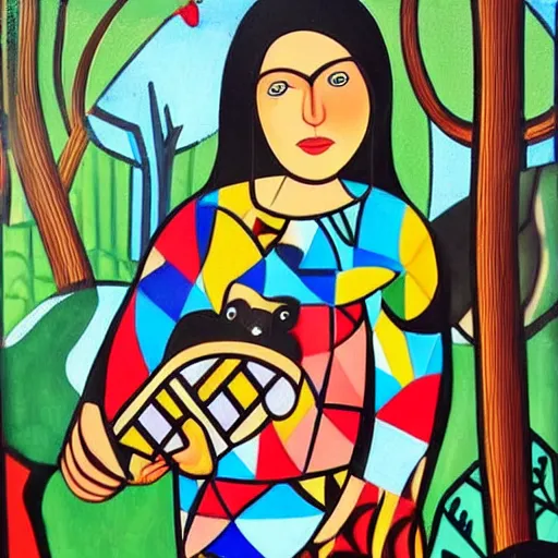 Image similar to In the painting Vasilisa can be seen standing in the forest, surrounded by animals. She is holding a basket of flowers in one hand and a spindle in the other. Her face is turned towards the viewer, with a gentle expression. In the background, the forest is depicted as a dark and mysterious place. constructivist by Romero Britto amorphous, lines