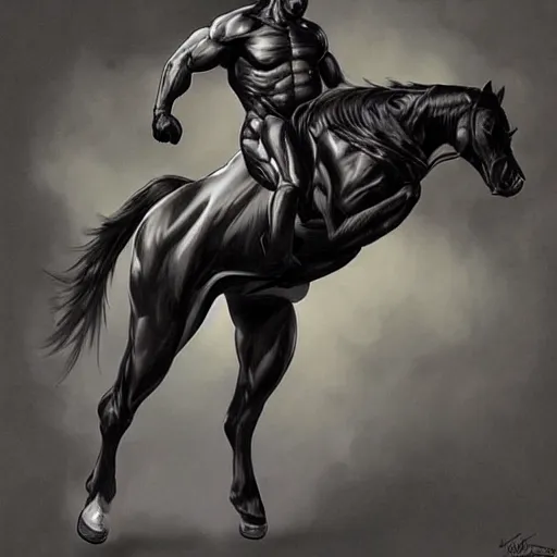 Image similar to a musclebound black - coated male anthro horse in a tactical bodysuit bursting through a wall, exaggeratedly large physique, highly detailed, digital painting, artstation, sharp focus, smooth, concept art, illustration, art by artgerm, greg rutkowski, wlop