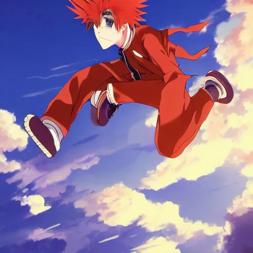 Image similar to orange - haired anime boy, 1 7 - year - old anime boy with wild spiky hair, wearing red jacket, flying through sky, ultra - high jump, late evening, blue hour, cirrus clouds, ultra - realistic, sharp details, subsurface scattering, blue sunshine, intricate details, hd anime, 2 0 1 9 anime