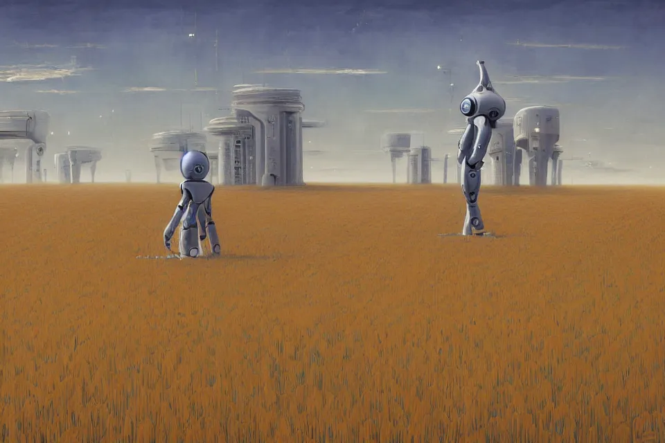 Prompt: sci-fi painting of a large alien city on the vast wheat fields, the closed back view of one humanoid robot on the ground, by Christopher Balaskas, godrays, detailed