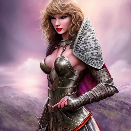 Image similar to the body portrait of taylor swift in a knight armor, epic fantasy art, mystical, mystic atmosphere, mythology, photo realistic, high detail, ultra realistic, hyper realistic, high definiton, 4 k uhd,