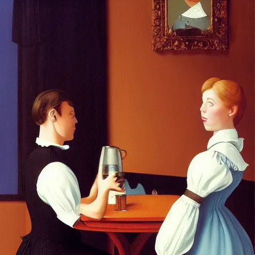 Prompt: a french-maid serves you coffee by Raphael, Hopper, and Rene Magritte. detailed, romantic, enchanting, trending on artstation.