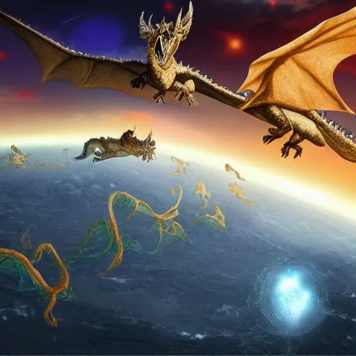 Image similar to ancient earth with multiple dragons flying in the sky