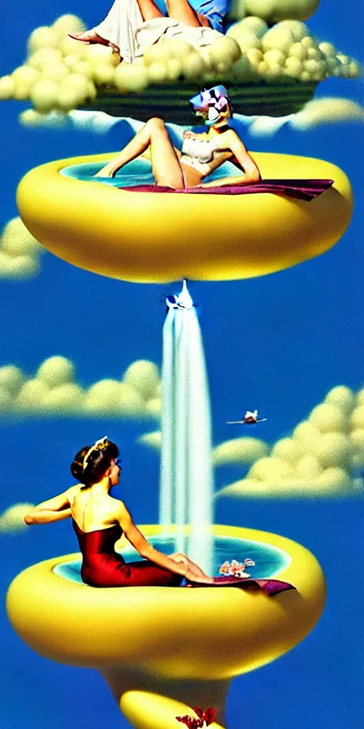 Image similar to floating island in the sky, with a waterfalls, 4k image, award winning by Gil Elvgren