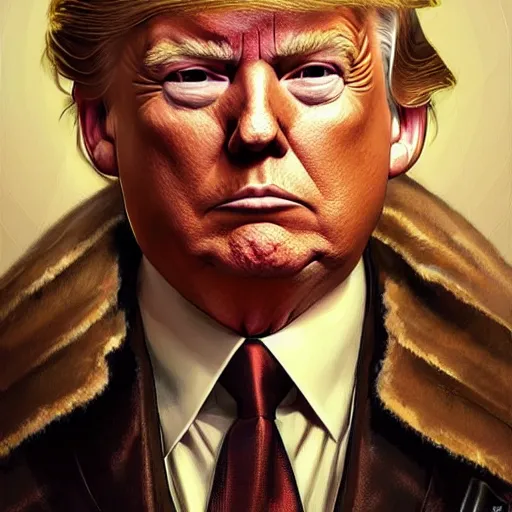 Image similar to donald trump, portrait, western, steampunk, duster, fantasy, intricate, elegant, highly detailed, digital painting, artstation, concept art, sharp focus, illustration, art by artgerm and greg rutkowski and alphonse mucha