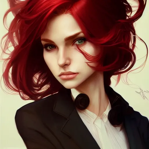 Image similar to a girl wearing a business suit, red hair, cinematic, stunning, highly detailed, digital painting, artstation, smooth, hard focus, illustration, art by artgerm and greg rutkowski and alphonse mucha