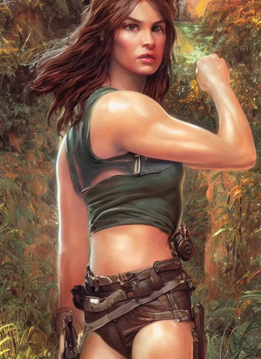 Image similar to Lara Croft posing in a crop top, golden hour, Lilia Alvarado, Sophie Anderson, Mark Arian, Bob Byerley, Charlie Bowater, Mark Brooks, Steve Henderson, Justin Gerard, Arthur Hughes, Edward Robert Hughes, Mark Keathley, Victor Nizovtsev, Carlos Shwabe, Ross Tran, WLOP