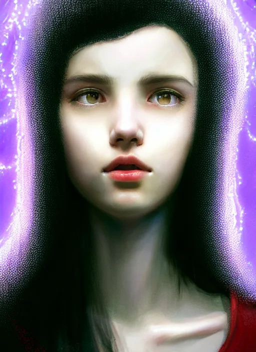 Image similar to hair whitebangs hair, black hair, portrait of teenage girl with white bangs, whitebangsblackhair, messy bangs, curly bangs, whitebangs, red irises, purple clothes, intricate, elegant, glowing lights, highly detailed, digital painting, artstation, concept art, sharp focus, illustration, art by wlop, mars ravelo and greg rutkowski