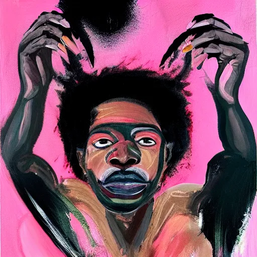 Prompt: A mirror selfie of a black handsome muscular man with white angel wings and black devil horns holding an iPhone, pitchfork, full body, pink background, abstract jean-Michel Basquiat!!!!!!!! oil painting with thick paint strokes!!!!!!!!, oil on canvas, aesthetic, y2k!!!!!!, intricately!!!!!!!! detailed artwork!!!!!!!, trending on artstation, in the style of jean-Michel Basquiat!!!!!!!!!!!!, by jean-Michel Basquiat!!!!!!!!!!!, in the style of jean-Michel Basquiat!!!!!!!!!!!, in the style of jean-Michel Basquiat!!!!!!!!!!!, in the style of jean-Michel Basquiat!!!!!!!!!!!, in the style of jean-Michel Basquiat!!!!!!!!!!!, in the style of jean-Michel Basquiat!!!!!!!!!!!