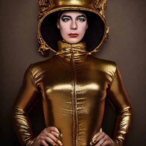 Image similar to sacha goldberger, curiosities carnival studio shot, soft paint of a single beautiful female full very tight long metallic suit ornate, accurate features, focus, very intricate ultrafine details, award winning masterpiece