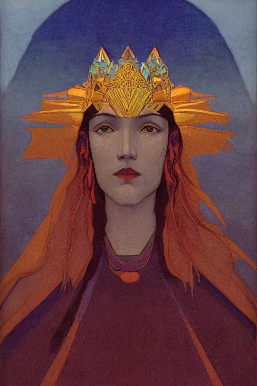 Prompt: queen of the dawn mountains | by Nicholas Roerich and jean delville | dramatic cinematic lighting | ornate headdress | lost civilizations