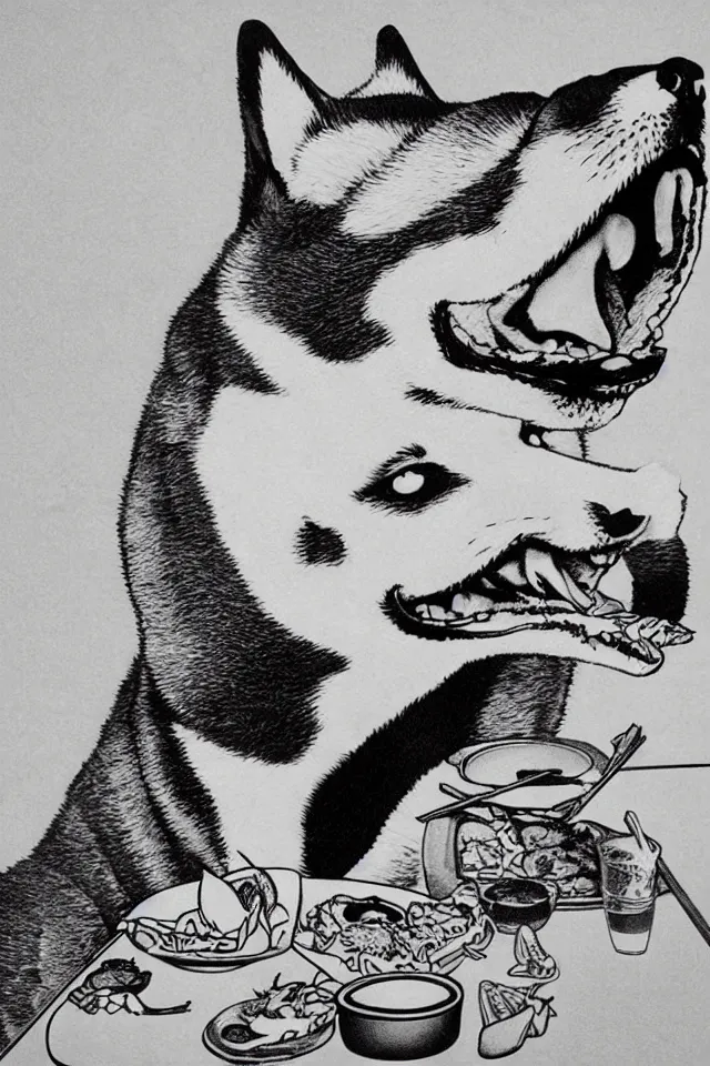 Image similar to a portrait of a shiba inu eating sushi, in the art style of shoihei otomo, realistic, highly detailed, b & w