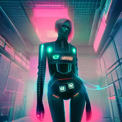 Image similar to female cyberpunk android in the style of beeple, neon lights, futuristic, 8 k resolution, trending on artstation, cg society, award winning