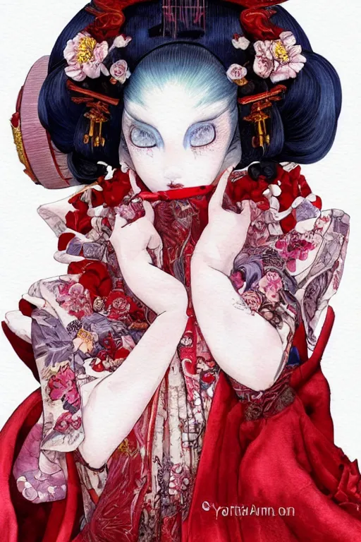Prompt: watercolor painting of a japanese bjd geisha oni demon with a long neck in victorian lolita fashion red dress in the style of dark - fantasy painted by yoshitaka amano, wlop, ayami kojima, dmt art, symmetrical vogue face portrait, intricate detail, artstation, cgsociety, artgerm, rococo, gold