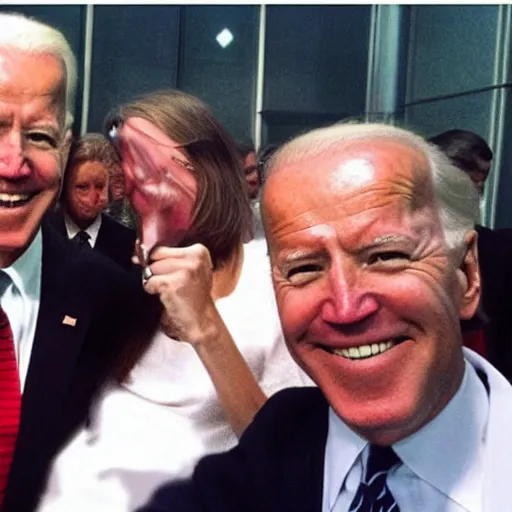 Image similar to twin towers 9/11 Joe Biden selfie smiling