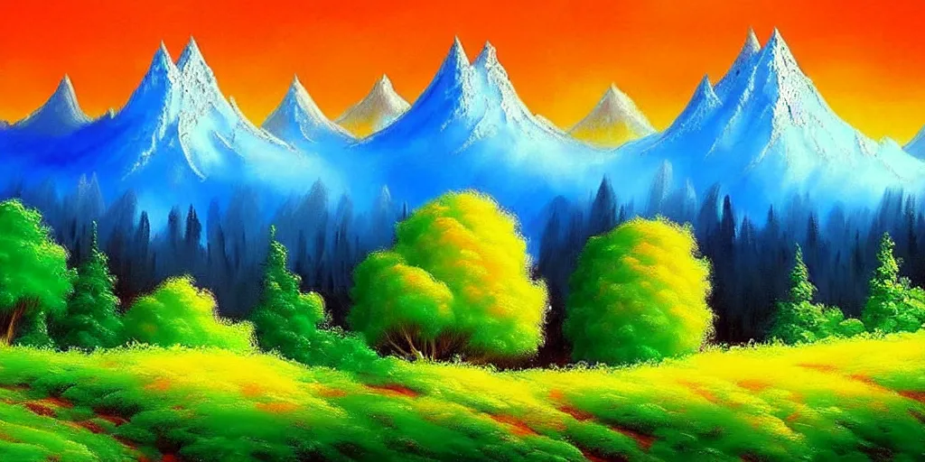 Image similar to a beautiful fantasy landscape art, orange clouds, blue sky and green trees, snowy mountains, art by bob ross